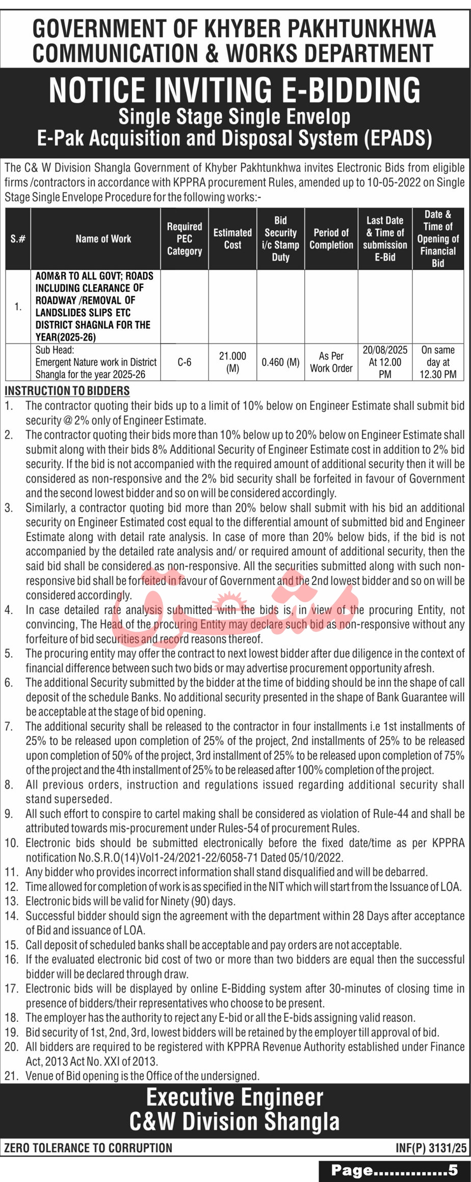 Communication & Works Department Shangla Tender Notice